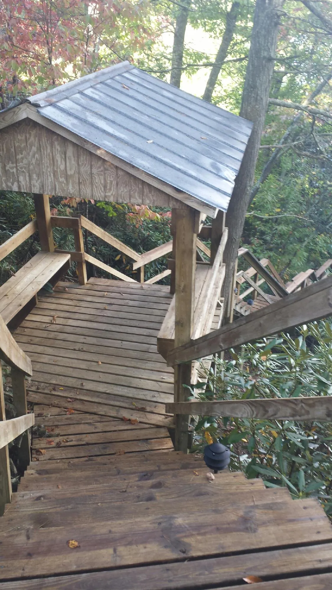 Metal roofed shelter over wooden steps on a wooded walkway — Skylight Repair & Installation work by our crew in Leggett
